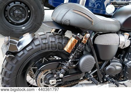 Bordeaux , Aquitaine France - 02 13 2021 : Triumph Hedonic Machine Bonneville Detail On Motorcycle N