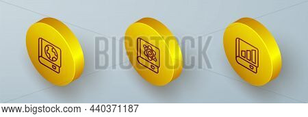 Set Isometric Line Earth Globe And Book, Book About Physics And Financial Icon. Vector