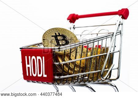 Side View Closeup Cryptocurrency Concept Of Market Shopping Cart Full Of Bitcoin Golden Crypto Coins