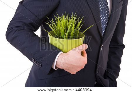 L'uomo d'affari tenendo un verde pianta in vaso.