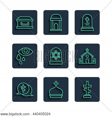 Set Line Grave With Cross, Church Tower, Tombstone, Star Of David, Tear Cry Eye, Coffin And Building
