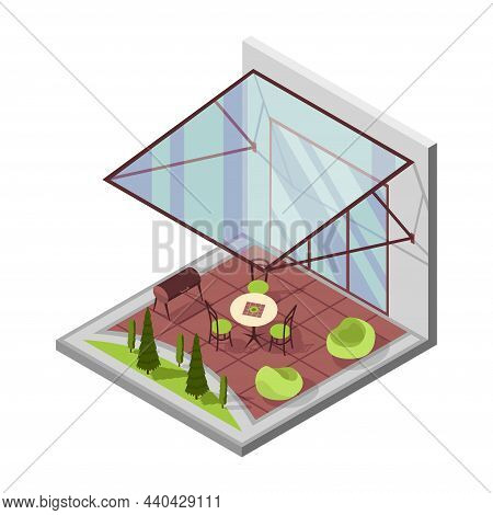 Inner Courtyard Isometric Composition With Patio. House With A Private Terrace And Transparent Glass