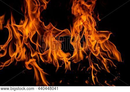 Fire Blaze Flames On Black Background. Fire Burn Flame Isolated, Abstract Texture. Flaming Explosion