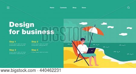 Happy Man Working Remotely At Beach. Worker With Laptop Sitting On Chair By Sea Flat Vector Illustra