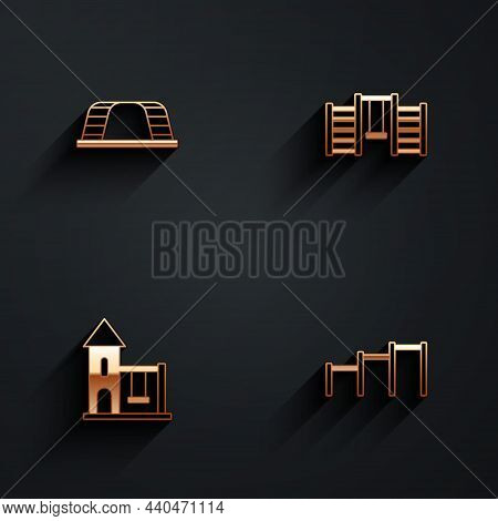 Set Monkey Bar, Swedish Wall, Swing For Kids And Sport Horizontal Icon With Long Shadow. Vector