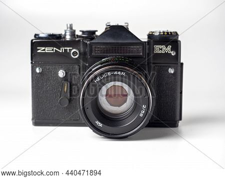 20.10.2021 , Moscow, Russia. Close-up Of An Old Antique Zenit Em Camera On A White Background. Old M