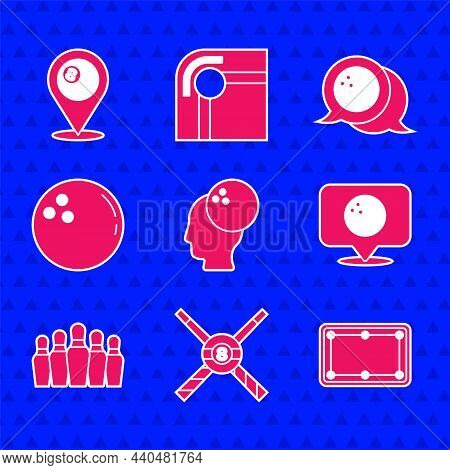 Set Bowling Ball, Crossed Billiard Cues And, Billiard Table, Location With Bowling, Pin, And Icon. V
