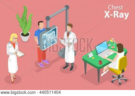 3d Isometric Flat Vector Conceptual Illustration Of Chest X-ray, Radiologist Making Diagnosis