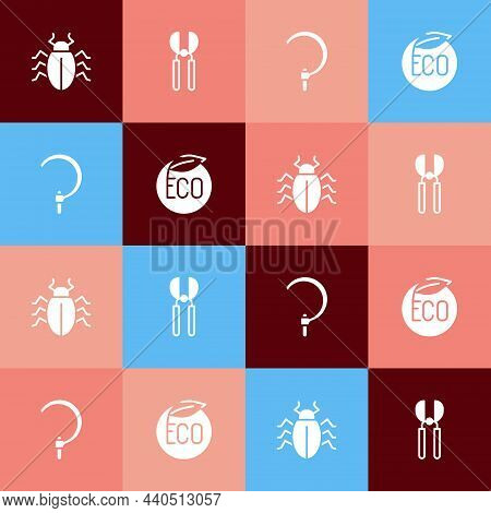 Set Pop Art Colorado Beetle, Gardening Scissors, Sickle And Eco Healthy Food Icon. Vector