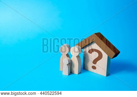 House With A Question Mark And Family. Search For Affordable Housing. Social Programs, Preferential 