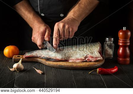 The Chef Cuts The Fish Before Cooking. Working Environment In The Restaurant Kitchen. Fish Diet Conc