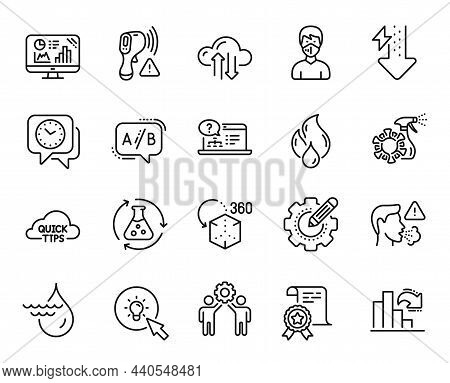 Vector Set Of Cloud Sync, Online Help And Hydroelectricity Line Icons Set. Chemistry Experiment, Set
