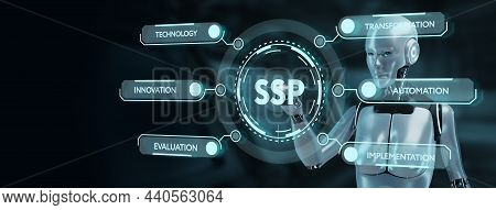 Ssp - Supply Side Platform. Robot Pressing Button On Virtual Screen. 3d Render