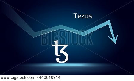 Tezos Xtz In Downtrend And Price Falls Down. Cryptocurrency Coin Symbol And Down Arrow. Crushed And 
