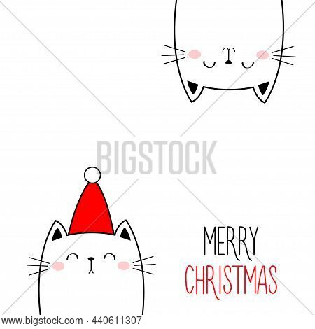 Merry Christmas Happy New Year. Cat Set. Upside Down. Red Santa Hat. Funny Kawaii Doodle Animal. Two