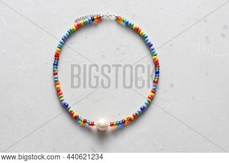 Bright Multicolored Venetian Glass, Pearl Of Kasumi Necklace. A Short Necklace On A Girl Made Of Nat