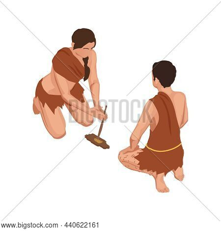 Caveman Prehistoric Primitive People Composition With Isolated Characters Of Ancient People Getting 