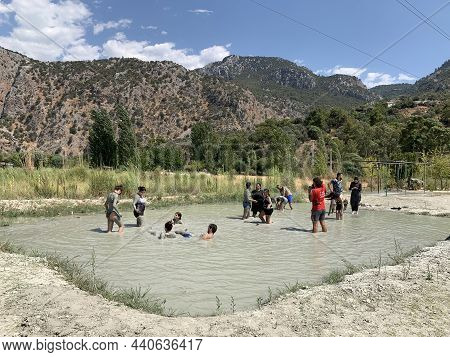 Healing Mud Springs In Turkey. Thermal Spring Surrounded By Mountains. Healing Lake Near Fethiye. Tu