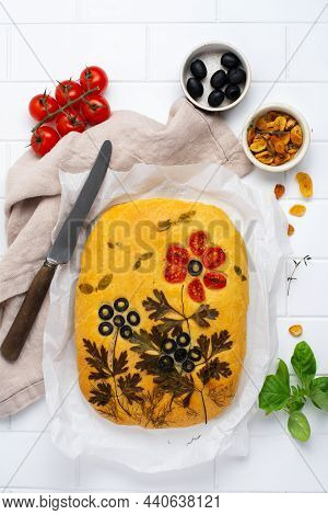 Homemade Flower Focaccia. Creative Idea Of Focaccia Cooking. Crispy Focaccia With Vegetables. Top Vi