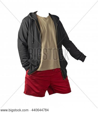 Black Sweatshirt With Iron Zipper Hoodie,biige T-shirt And Red Sports Shorts Isolated On White Backg