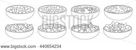 Fruit Salad Isolated Ouline Set Icon. Bowl Of Vegetable Food Vector Ouline Set Icon. Vector Illustra