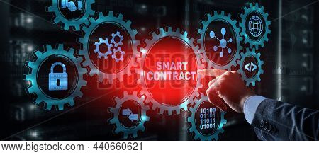 Smart Contract. Modern Business Technology. Businessman Presses Virtual Button Smart Contract Text O