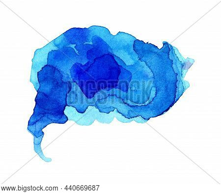 Expressive Abstract Watercolor Stain With Splashes And Drops In Blue. Arbitrarily Spreading Paint. I