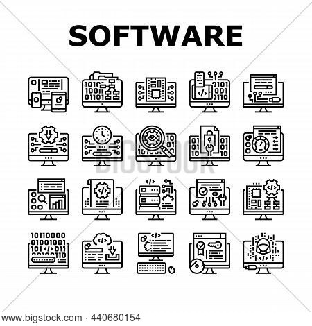Software Program Development Icons Set Vector. Freeware Download And Upload For Sharing, Programming