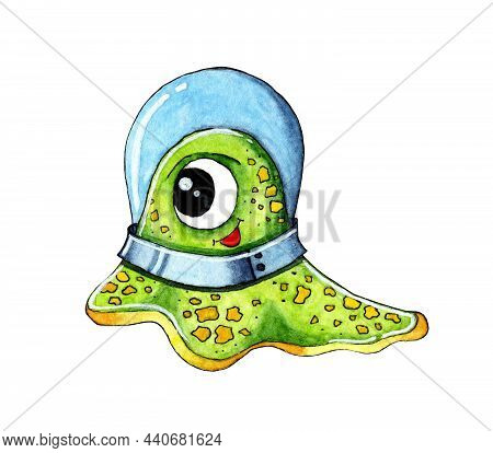 Watercolor Illustration Of A Little Cute Green Shapeless Alien In A Spacesuit. Childish Picture Of A