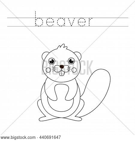 Trace Word And Color Cute Cartoon Beaver.