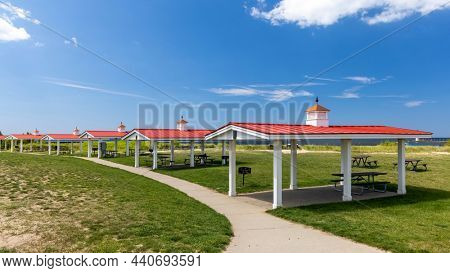 Picnic shelters at lake Michigan shore in Manistee, Michigan