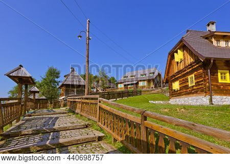Traditional village Drvengrad Mecavnik in Serbia - architecture travel background