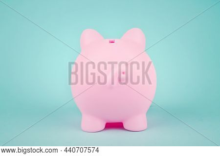Finance, Banking, Saving Money Account. Rear Views Of Piggy Bank On White Background. Pink Piggybank