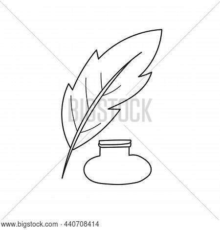 Simple Coloring Page. Inkpot And Feather. Cartoon Style Vector Illustration Icons. Isolated On White