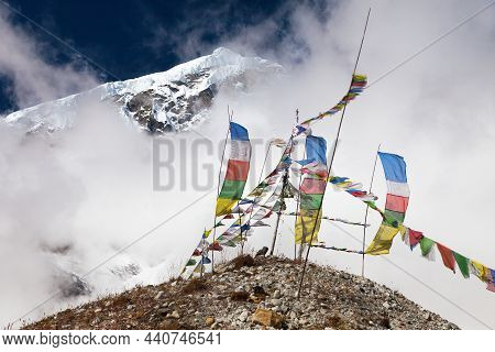 Buddhist Prayer Flags And Peak Seven 7 Vii, Maklu Barun National Park, Nepal Himalayas Mountains
