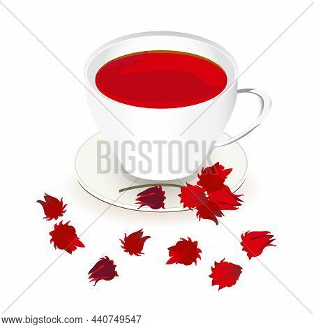 White Cup Of Red Karkade Tea Art Design Stock Vector Illustration For Web, For Print