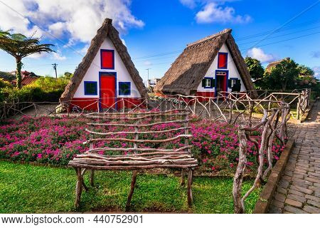 Madeira island travel and landmarks. Charming traditional colorful houses with thatched roofs in Santana town, popular tourist attraction in Portugal