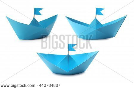 Light Blue Paper Boats With Flags On White Background, Collage