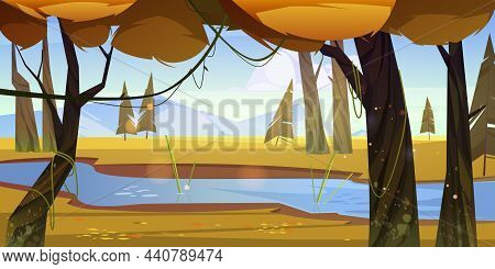 Autumn Landscape With River And Orange Trees In Forest, Meadow And Mountains On Horizon. Vector Cart