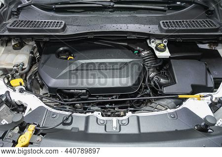 Novosibirsk, Russia - November 09, 2021: Ford Kuga, Close Up Of A Clean Motor Block. Internal Combus