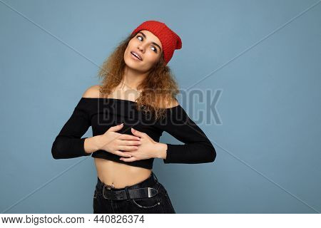 Photo Of Young Positive Cute Nice Brunette Woman Curly With Sincere Emotions Wearing Stylish Black C