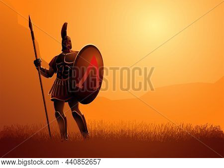 Vector Illustration Of Ancient Warrior With His Shield And Spear Standing Gallantly On Grass Field