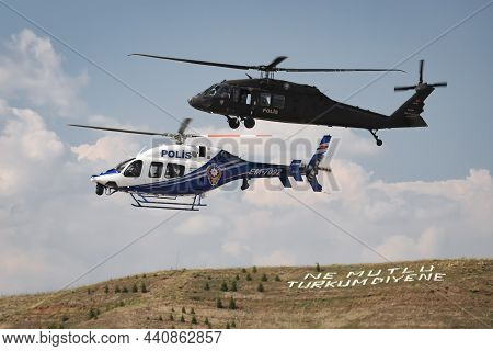 Ankara, Turkey - June 26, 2021: Turkish Police Force Helicopters Performing