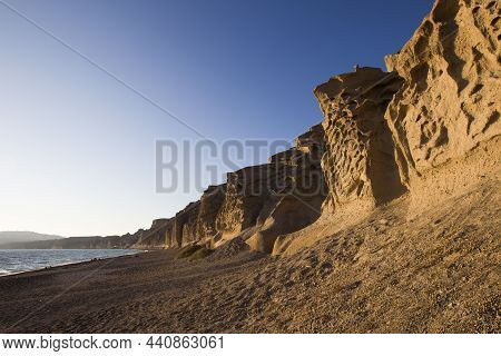 Vlychada Beach Volcanic Ash Sand Rock Formation On Santorini Island In Greece