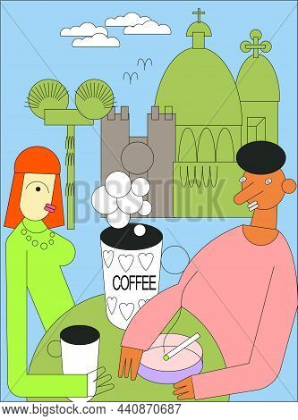 Couple Drink Coffee In Lisbon In Outside Cafe With City Buildings In Background