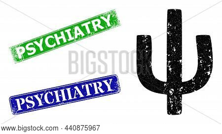 Grunge Psi Greek Lowercase Symbol Icon And Rectangle Rubber Psychiatry Stamp. Vector Green Psychiatr