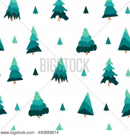 Pattern Of Green Trees. Seamless Background, Postcard, Flyer, Poster, Holiday Cover..
