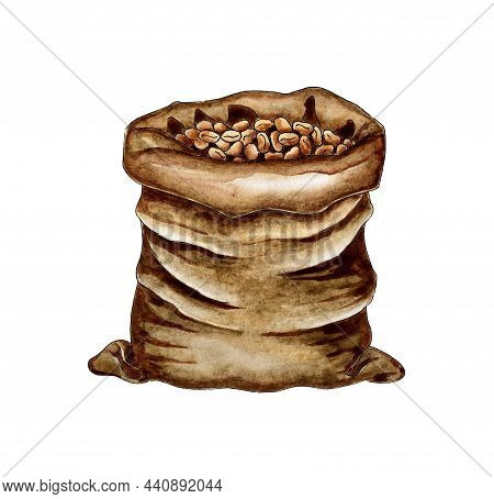 Watercolor Painting Bag With Coffee Zeons. Rustic Coffee Pouch. A Packet Of Coffee Beans. Coffee Bag