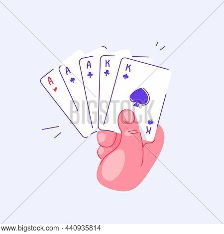 Hand Holding Playing Cards. Full House In Poker. Pastime With Friends. Family Table Leisure Games. S