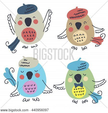 Hand Drawn Set Of Bullfinch, Sparrow, Chickadee And Lilac Breasted Roller.